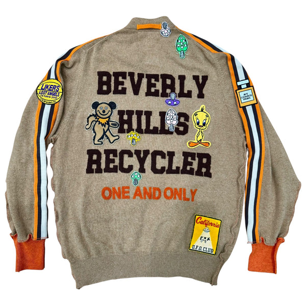 Recycled Cashmere Cardigan — Camel "Beverly Hills Recycler" Varsity (Men's L)