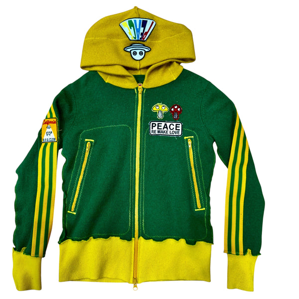 Recycled Cashmere Zip Hoodie — Green "BE NICE / Peace Re Make Love" (Women's S)