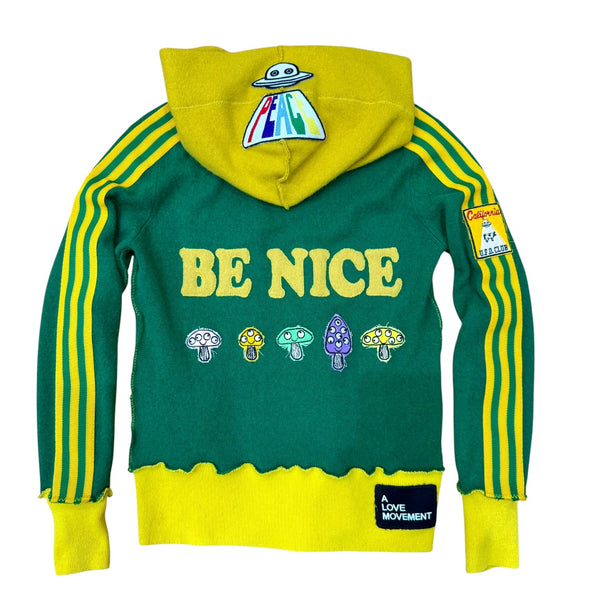 Recycled Cashmere Zip Hoodie — Green "BE NICE / Peace Re Make Love" (Women's S)