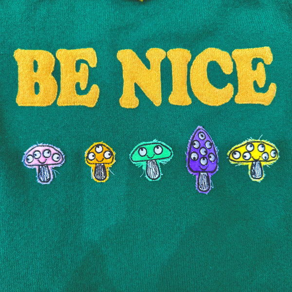 Recycled Cashmere Zip Hoodie — Green "BE NICE / Peace Re Make Love" (Women's S)