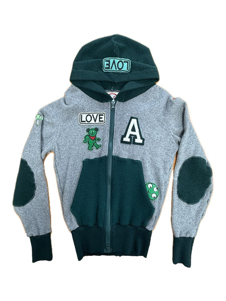 Recycled Cashmere Zip Hoodie — Grey x Green "ONE LOVE MALIBU" (Women's S)