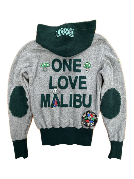 Recycled Cashmere Zip Hoodie — Grey x Green "ONE LOVE MALIBU" (Women's S)
