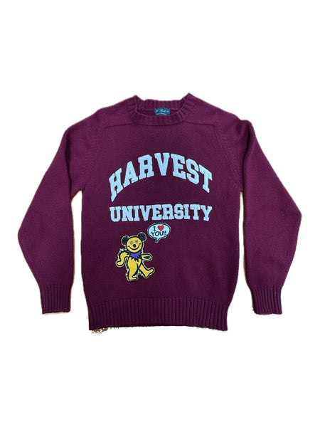Recycled Cashmere Crewneck Sweater — Burgundy "HARVEST UNIVERSITY / WHY" (Men's S / Women's L)