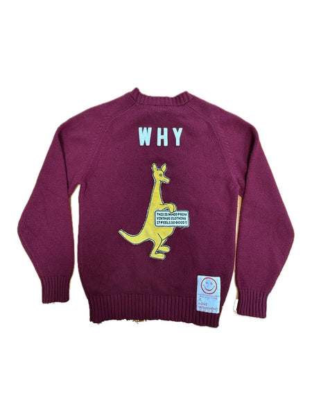 Recycled Cashmere Crewneck Sweater — Burgundy "HARVEST UNIVERSITY / WHY" (Men's S / Women's L)