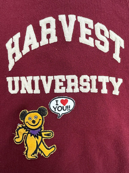 Recycled Cashmere Crewneck Sweater — Burgundy "HARVEST UNIVERSITY / WHY" (Men's S / Women's L)