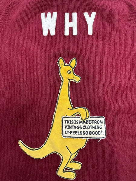 Recycled Cashmere Crewneck Sweater — Burgundy "HARVEST UNIVERSITY / WHY" (Men's S / Women's L)