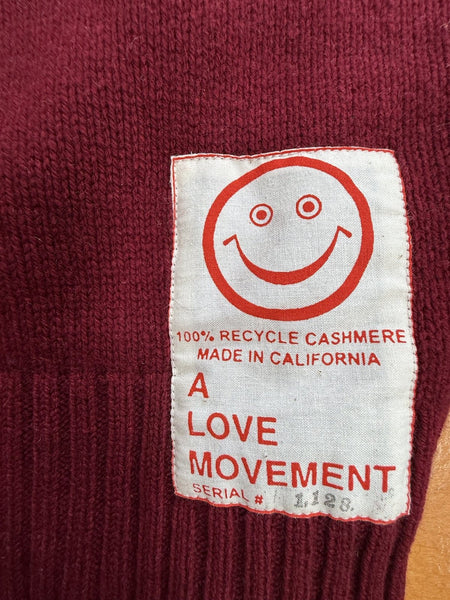 Recycled Cashmere Crewneck Sweater — Burgundy "HARVEST UNIVERSITY / WHY" (Men's S / Women's L)