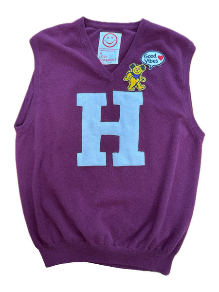 Recycled Cashmere V-Neck Vest — Plum "H / HARVEST UNIVERSITY" U.F.O. (Men's L)