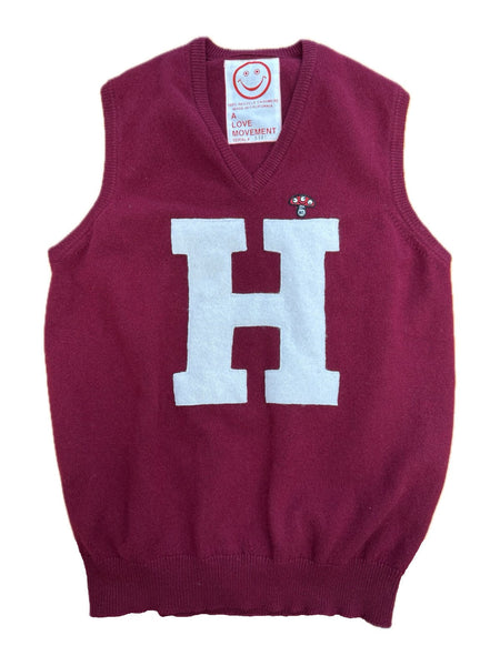 Recycled Cashmere V-Neck Vest — Burgundy "H / HARVEST UNIVERSITY" Pig (Women's M)