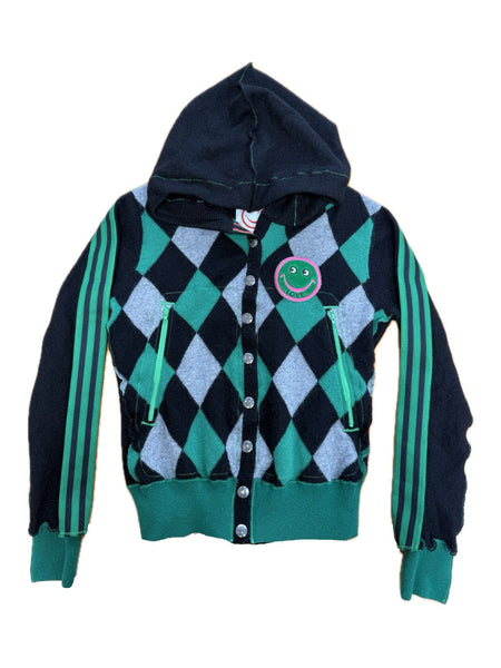 Recycled Cashmere Hooded Cardigan — Argyle Black x Green "LOST ANGELS" (Women's M)
