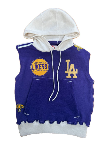 Recycled Cashmere Sleeveless Hoodie — Purple x Cream "LIKERS LOS ANGELES" (Women's S)