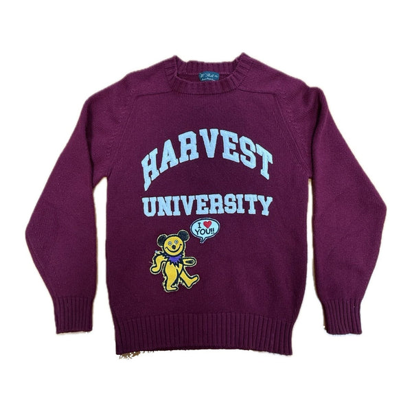 Recycled Cashmere Crewneck Sweater — Burgundy "HARVEST UNIVERSITY / WHY" (Men's S / Women's L)