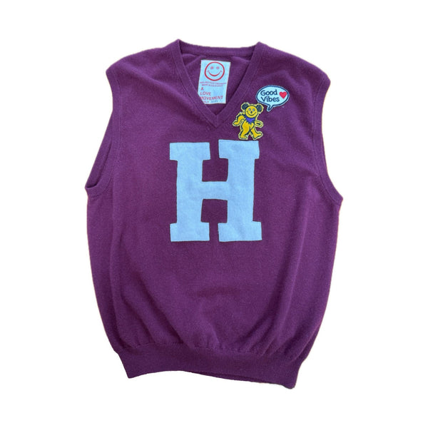 Recycled Cashmere V-Neck Vest — Plum "H / HARVEST UNIVERSITY" U.F.O. (Men's L)