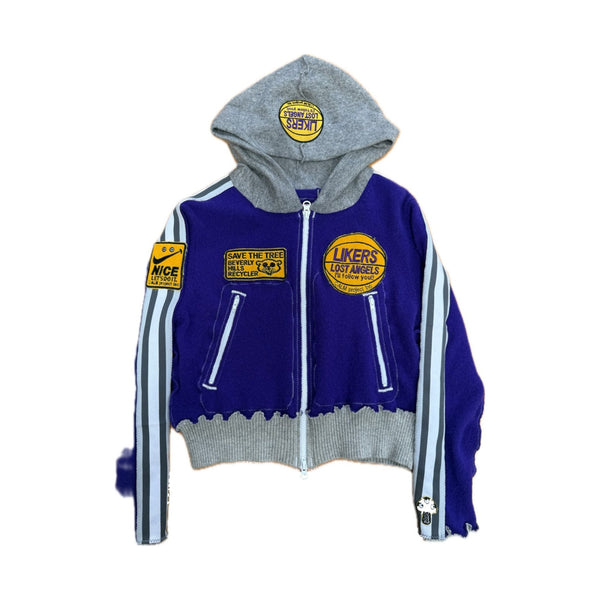 Recycled Cashmere Zip Hoodie — Purple x Grey "LIKERS LOST ANGELS" (Women's S)
