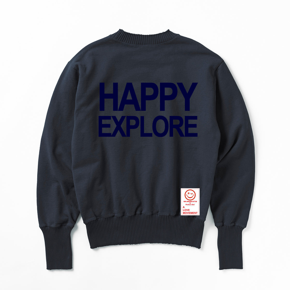 Exclusive Color【Perfect ribs®︎×A LOVE MOVEMENT】"HAPPY EXPLORE" Basic Crew Neck Sweat Shirt / Vintage Black×Ink Blue