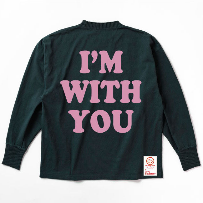 【Perfect ribs®︎×A LOVE MOVEMENT】"I'M WITH YOU" Side Slit Long Sleeve T Shirt / Charcoal Green×Pastel Pink