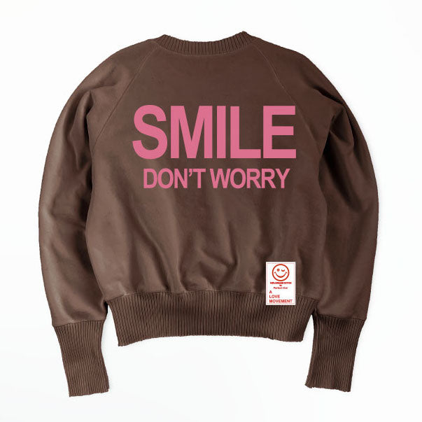 【Perfect ribs®︎×A LOVE MOVEMENT】"SMILE DON'T WORRY" Strange Sleeve Crew Neck Sweat Shirt / Brown×Pastel Pink