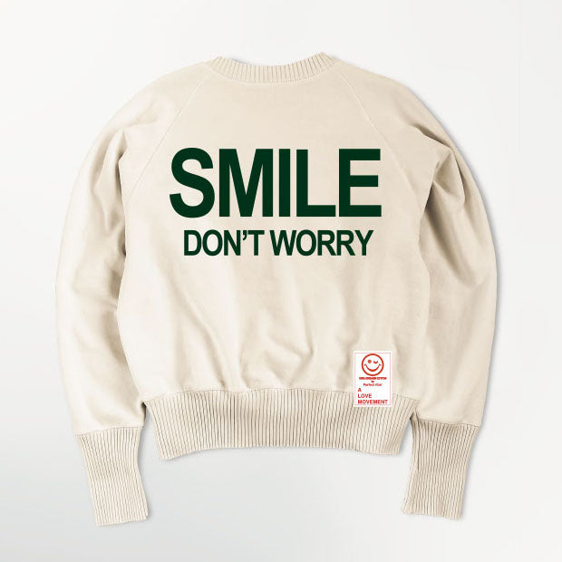 【Perfect ribs®︎×A LOVE MOVEMENT】"SMILE DON'T WORRY" Strange Sleeve Crew Neck Sweat Shirt / Oatmeal×Leaf Green